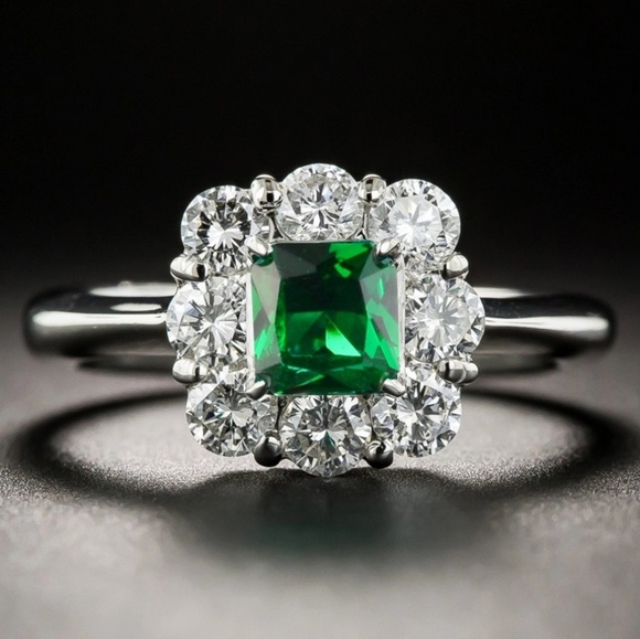 925 Silver Cushion Cut Emerald Color Retro - Picture 2 of 8